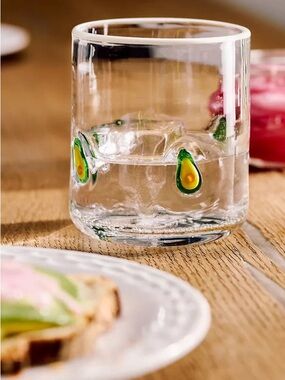 ❤️ Anthropologie Icon Juice Glass Avocado Motif Clear | NIB